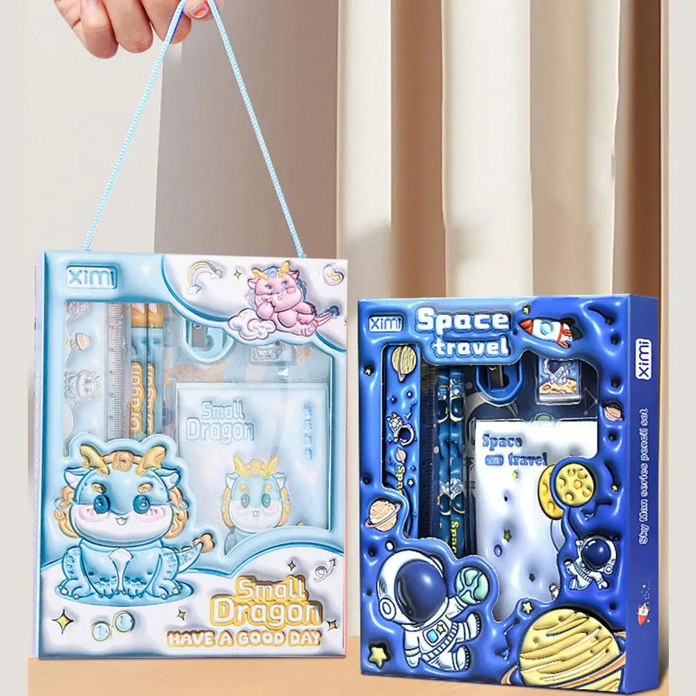 Two colorful children’s stationery sets featuring a blue dragon and space travel motifs in themed packaging for creative school use.