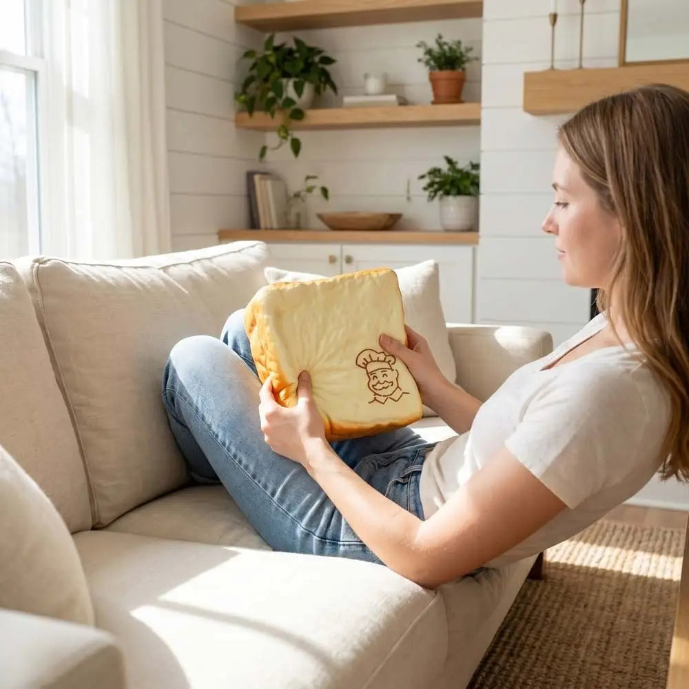 soft golden-brown plush pillow shaped like a slice of bread with a smiling chef embroidered on the front, designed as a chef bread squishy toy and fidget toy suitable for a universal age range