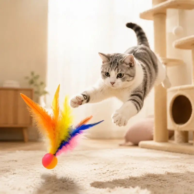 jouet à balle interactive pour chats comprenant une plume multicolore et vibrante fixée à une base de boule rose et jaune, conçu comme un jouet à balle engageant.