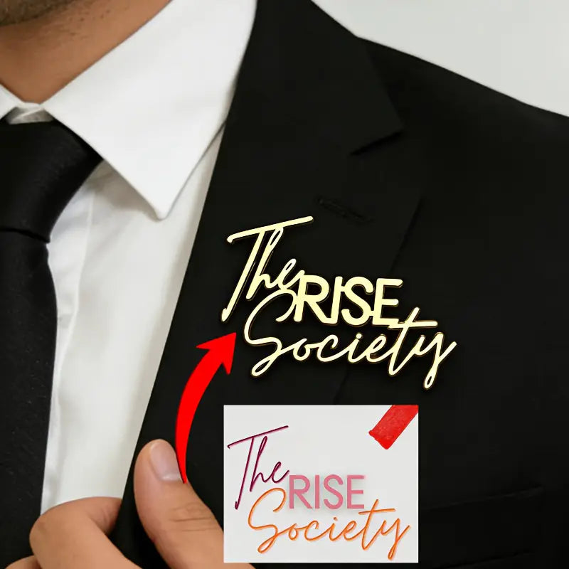 Gold-colored three-dimensional custom signature logo brooch metal pin featuring the rise society with a stylized arrow design.