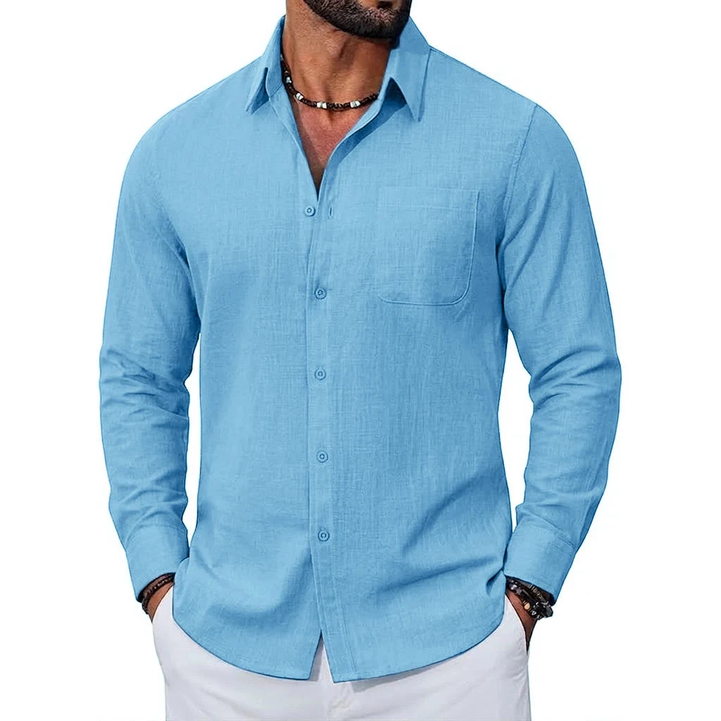 Mens New Premium Long Sleeve Linen Shirts Breathable Cotton Tops Elegant Lapel Button Hawaiian Tees Perfect Wear for Modern Men