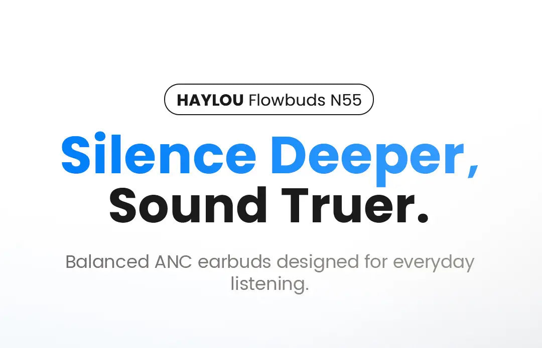 Écouteurs sans fil Haylou FlowBuds N55 avec ANC équilibré et design élégant, dans un étui de charge noir, offrant une longue autonomie pour l’écoute quotidienne