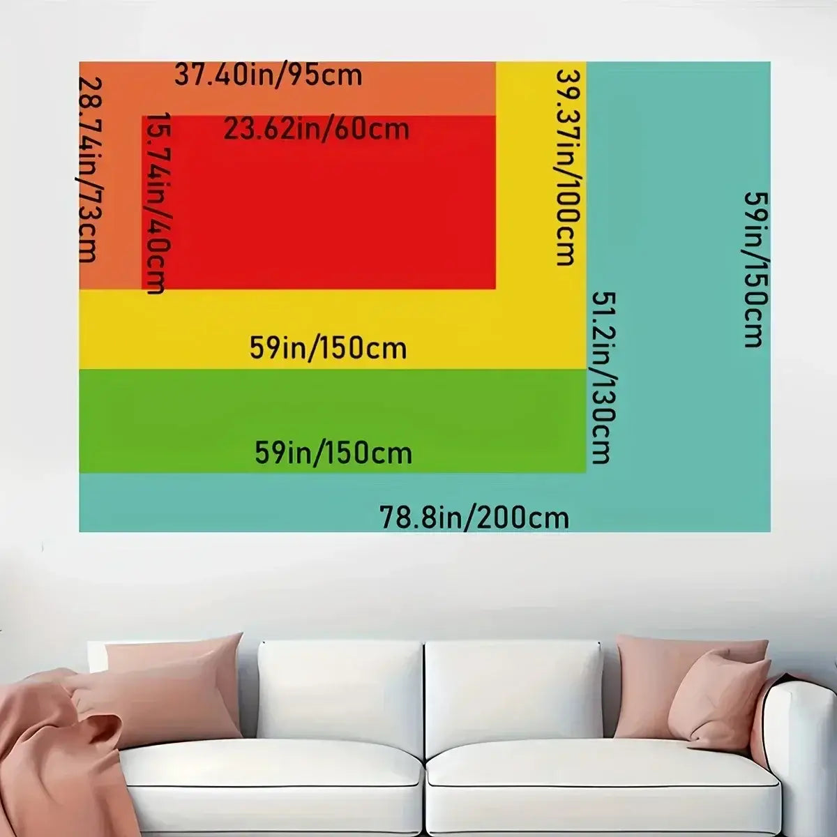 un colorido póster mural segmentado con medidas en pulgadas y centímetros, que ilustra dimensiones rectangulares para un banner de telón de fondo para fotos de calabaza de Halloween.