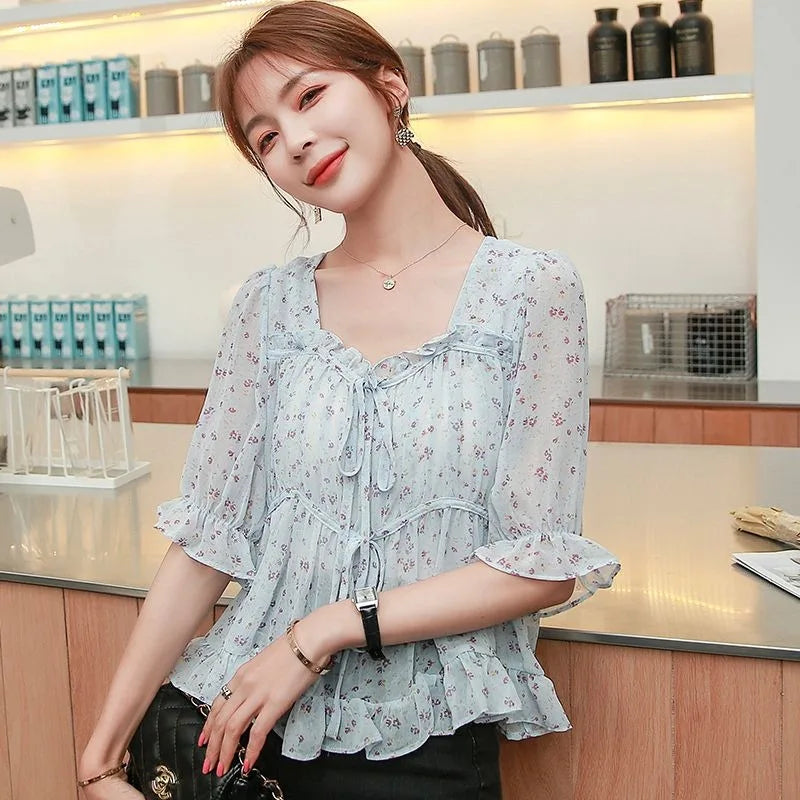 Shirts & Blouses for Women Simple Woman Top Ruffleswith Print New Collection 2025 Fashion Korea Stylish Summer Novelties M Tall
