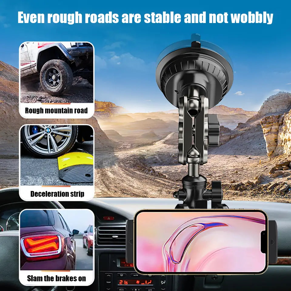 Black metal tablet holder with adjustable arm and suction cup base for windshield mounting suitable for similar size devices