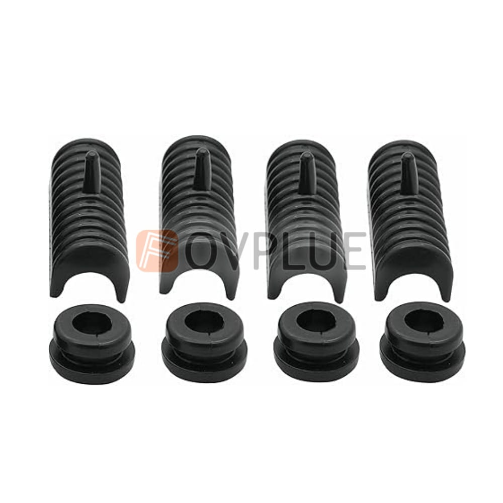 Set of four black rubber ribbed bushings with matching circular caps for Harley touring saddlebag support grommet kit 1993 up.