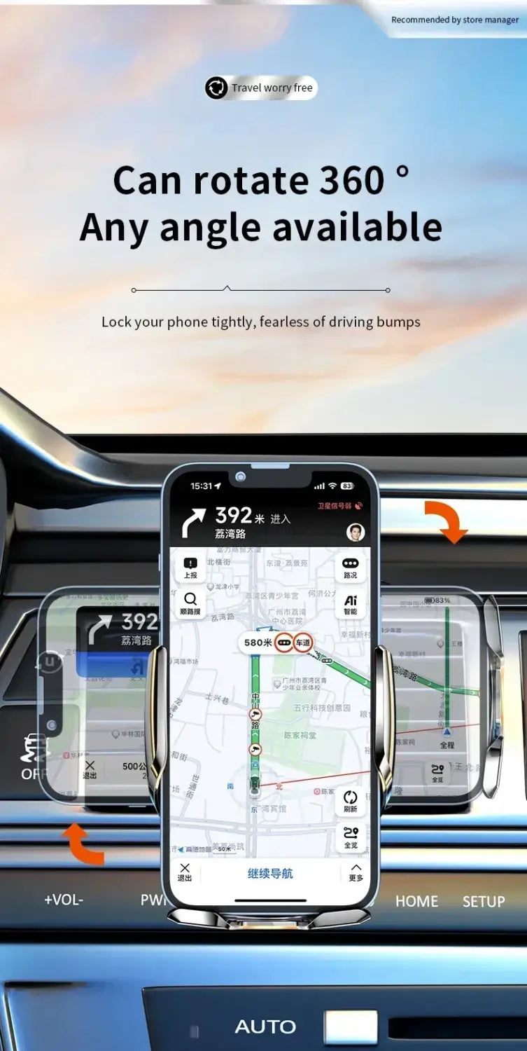 Silbernes Kfz-Wireless-Ladegerät mit Lüftungshalterung und einstellbarer 360-Grad-Rotation für sicheres Schnellladen im Fahrzeug.