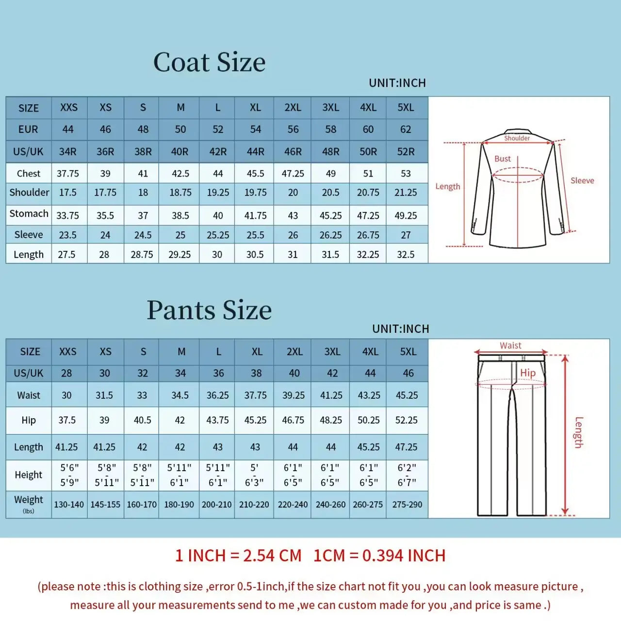 Tableau des tailles affichant les mesures en pouces pour la veste et le pantalon d’un ensemble de marié à double boutonnage, comprenant une veste de smoking bleu marine à fermeture boutonnée.