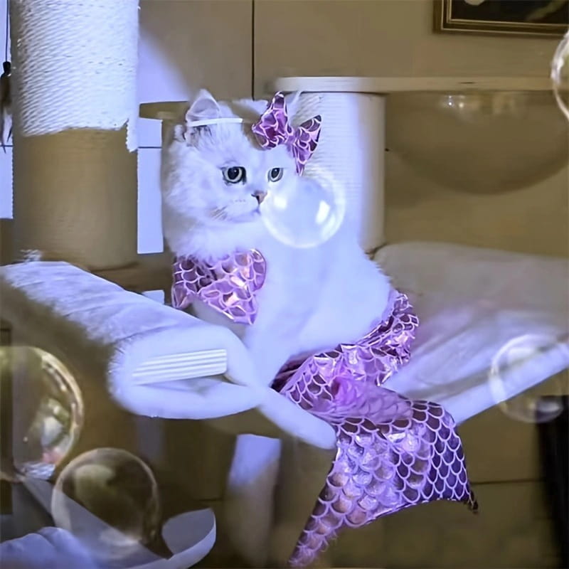Eine flauschige weiße Katze, die ein schimmerndes violettes Dacron-Meerjungfrauen-Schwanzkostüm trägt, mit einer passenden Schleife in der Haustierbekleidung.