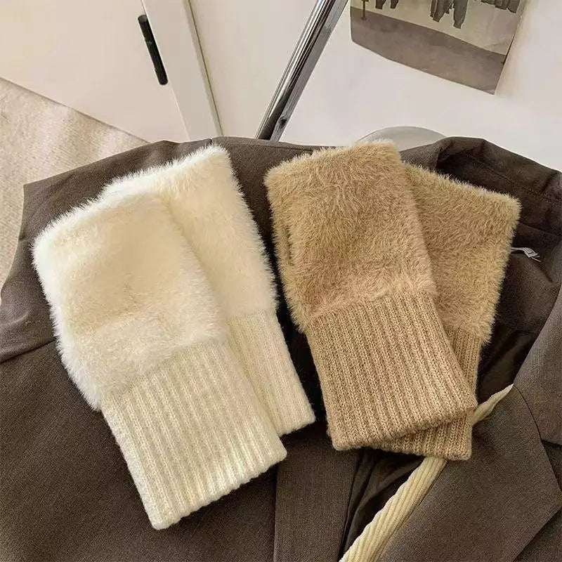 1Pair Warm And Cold-proof Half-finger Gloves For Women In Autumn And Winter, Versatile And Plush, Cute Office Half-finger Gloves
