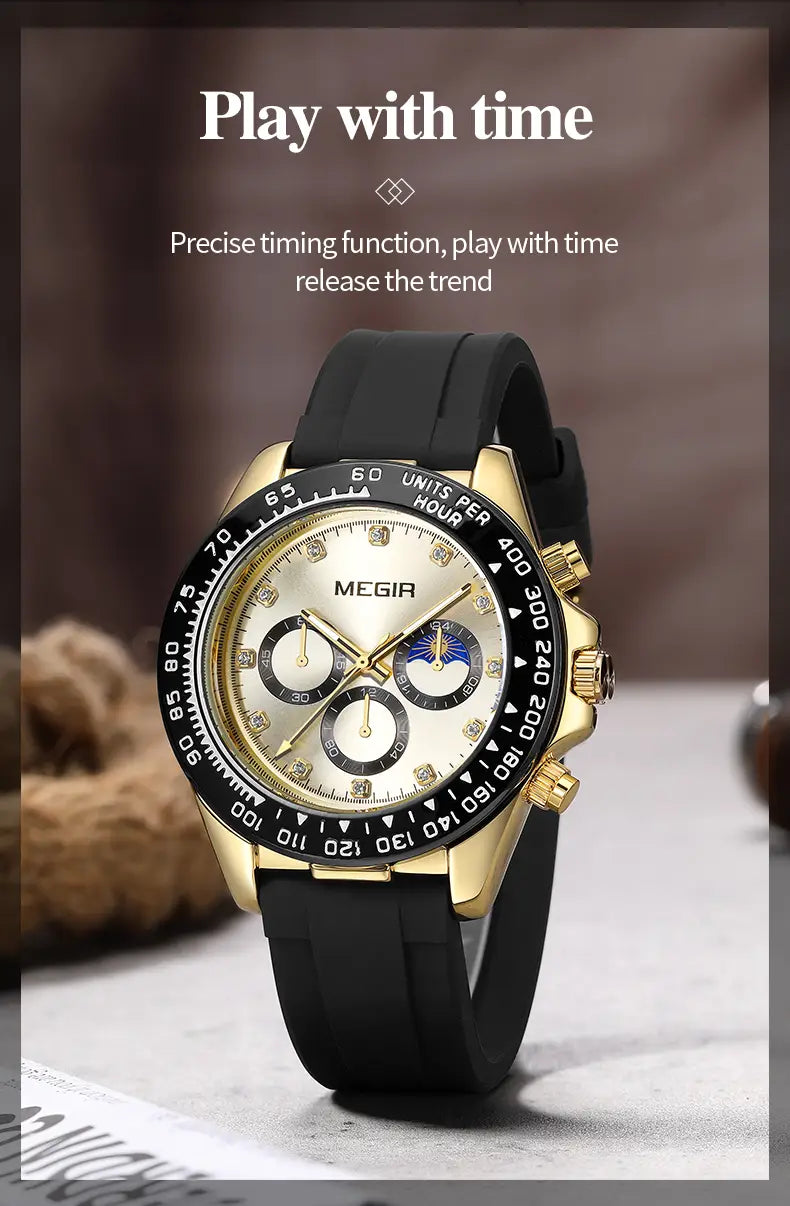 Megir men luxury sports quartz watch featuring a gold-tone chronograph case with a cream-colored dial, diamond accents, subdials, a moon phase display, and a black rubber strap.