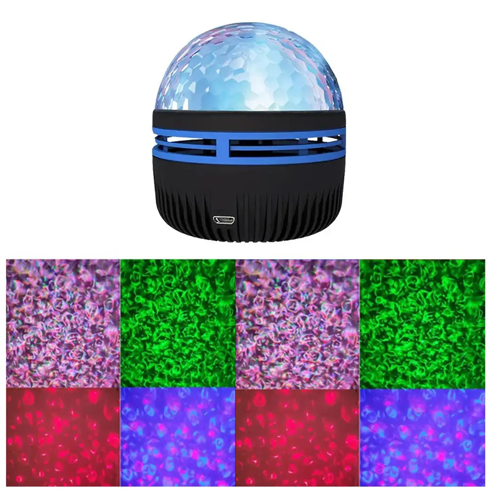 Projecteur sphérique à DEL de ciel étoilé noir et bleu, avec une coupole en cristal facettée, conçu comme une veilleuse.