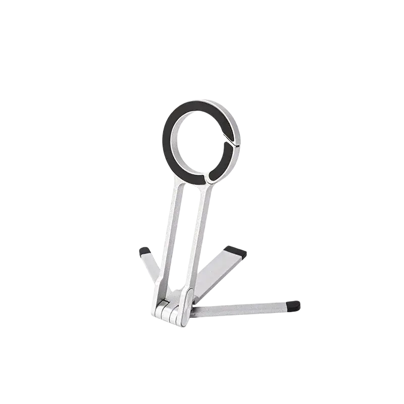 Silver metallic foldable magnetic phone stand and tripod with black rubberized grips shown from a front angle