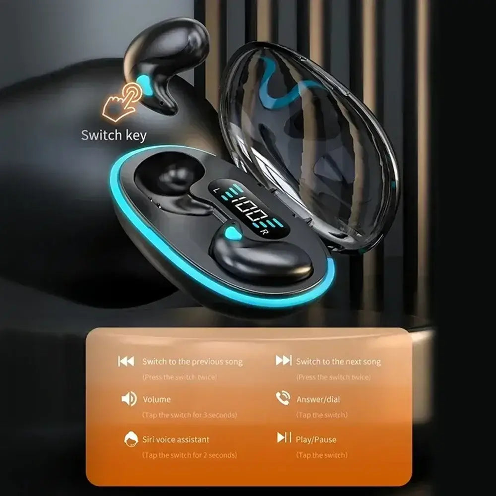Black wireless sleeping earbuds with blue led lighting in a sleek glossy charging case featuring Bluetooth 5.3 mini headphones.