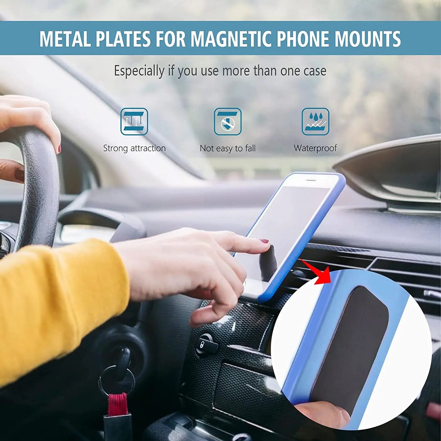 Plaque métallique bleue pour support de téléphone de voiture avec support adhésif noir, présentée depuis le côté arrière pour une utilisation universelle du téléphone de voiture magnétique.