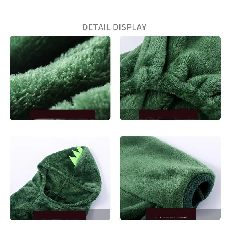 bata acolchada de felpa verde con temática de dinosaurio y capucha, con una textura suave y esponjosa de forro polar, y espigas triangulares en verde lima en la capucha, diseñada como ropa para perros pequeños.