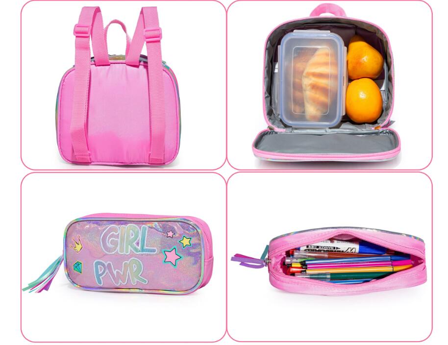 Schulrucksack-Set für Mädchen holografisch in Pink mit einem Rucksack mit verstellbaren Trägern und einem „Girl Pwr“ holografischen Design.