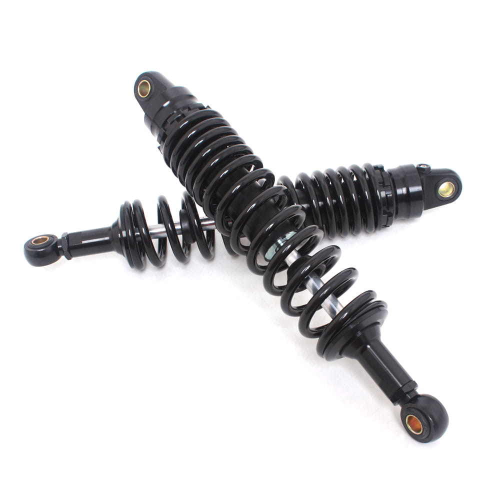 360mm motorcycle rear shock absorbers pair in black with coiled springs and metallic ends showing the back side of the product.