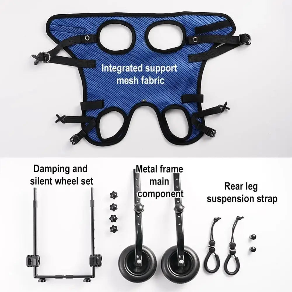Blauer Mesh-Futterstoff-Stütz-/Weste mit schwarzen Riemen und Metallbeschlägen für einen verstellbaren Hundestuhl-Rollstuhl-Pet-Walk-Booster