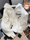 Women Thick Cute Hoodies Winter Loose Long Sleeve Letter Print Pockets Warm Sweatshirts Vintage Preppy Style Kawaii Outwear Tops