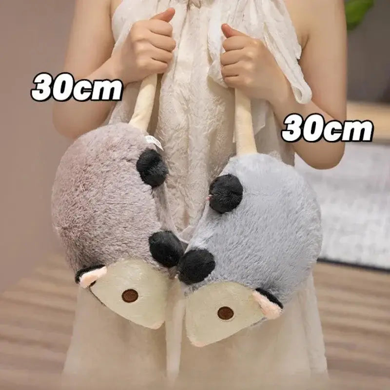 30cm soft plush opossum stuffed animal handbags in gray and light blue with black pom-pom ears and beige snouts made of soft fabric.