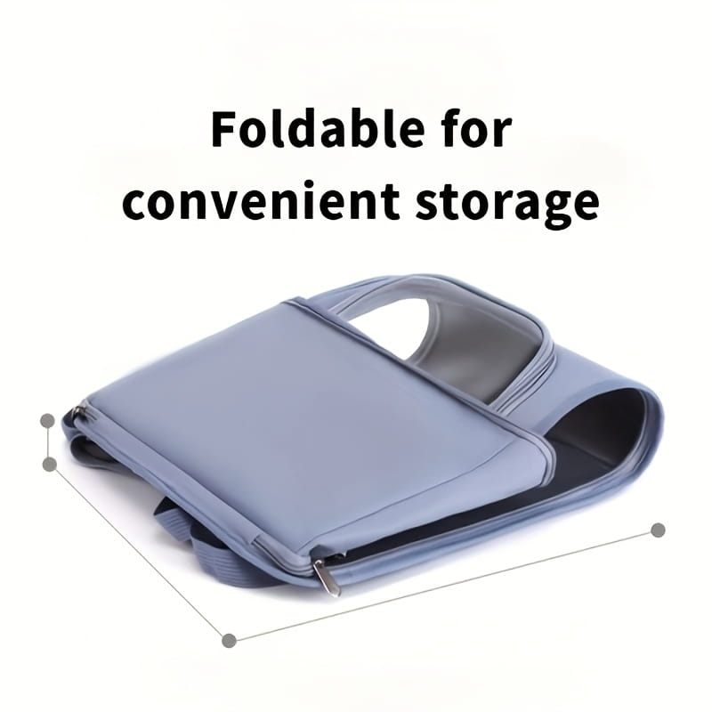 Étui pour ordinateur portable pliable bleu clair, conçu avec un style minimaliste épuré et une fermeture à glissière, présenté comme faisant partie d’un ensemble sac à dos et serviette pour chat, sac de transport portable.