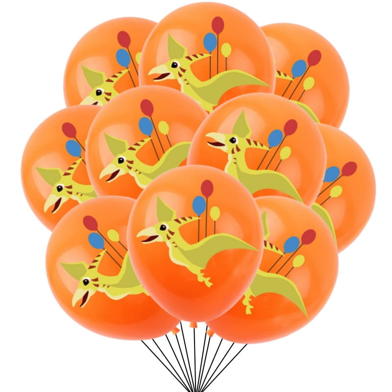 Leuchtend orangefarbene Latex-Dinosaurier-Geburtstags-Partyballons 10er-Pack mit fröhlichen gelben Pterosaurier-Designs und farbenfrohen Ballonverzierungen.
