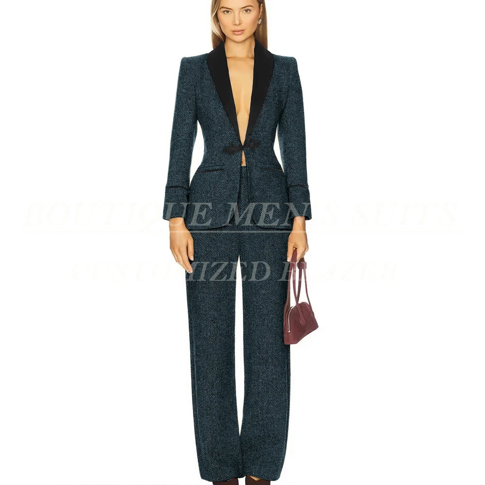Formal Women's Suits Tweed Single Button Shawl Lapel Slim Fit 2 Piece Jacket Pants Luxury Office Lady Female Clothing Outfits