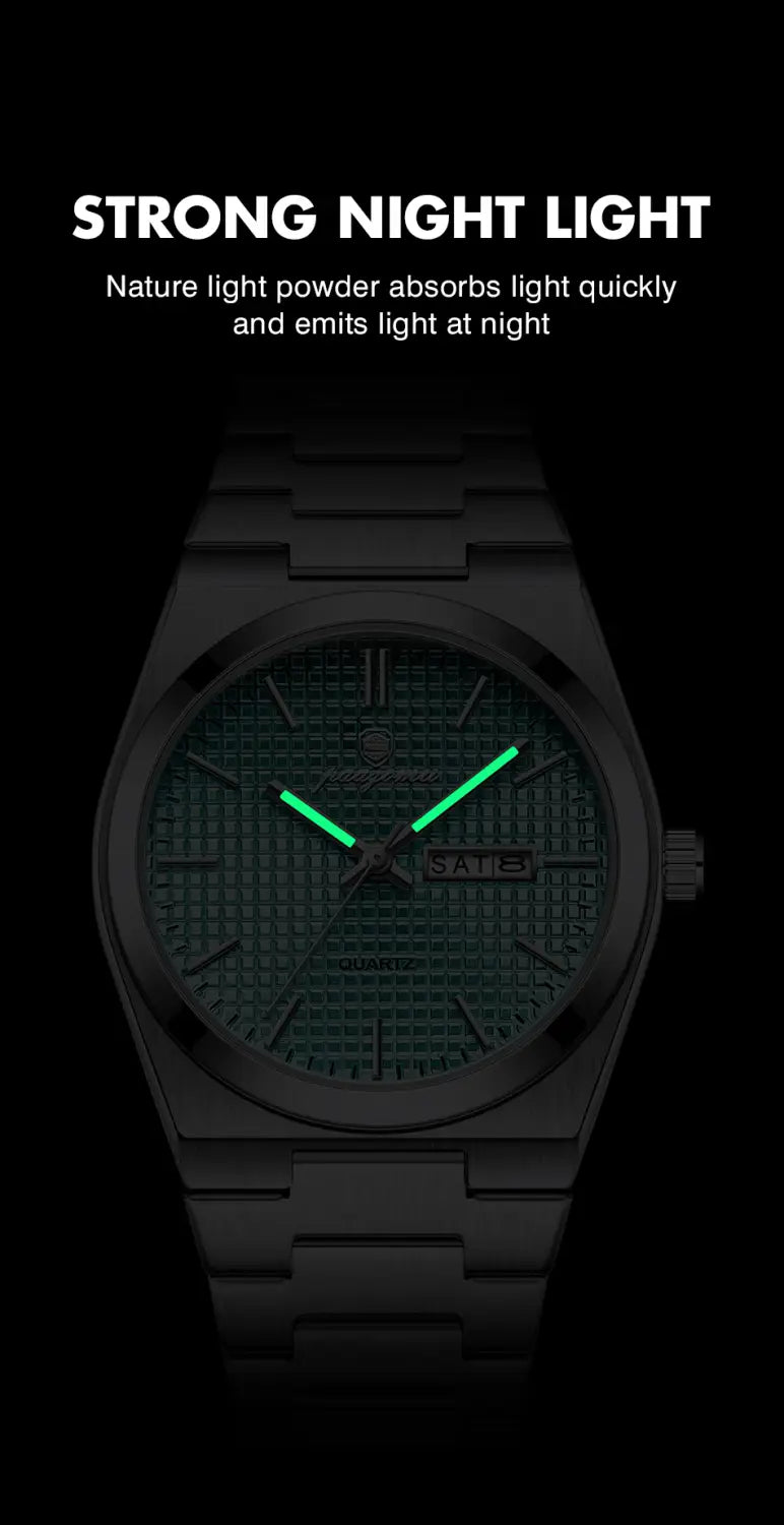 a sleek black metal paazomu luxury chronograph watch with a textured green dial and glowing neon-green hands featuring the brand name sate on its face