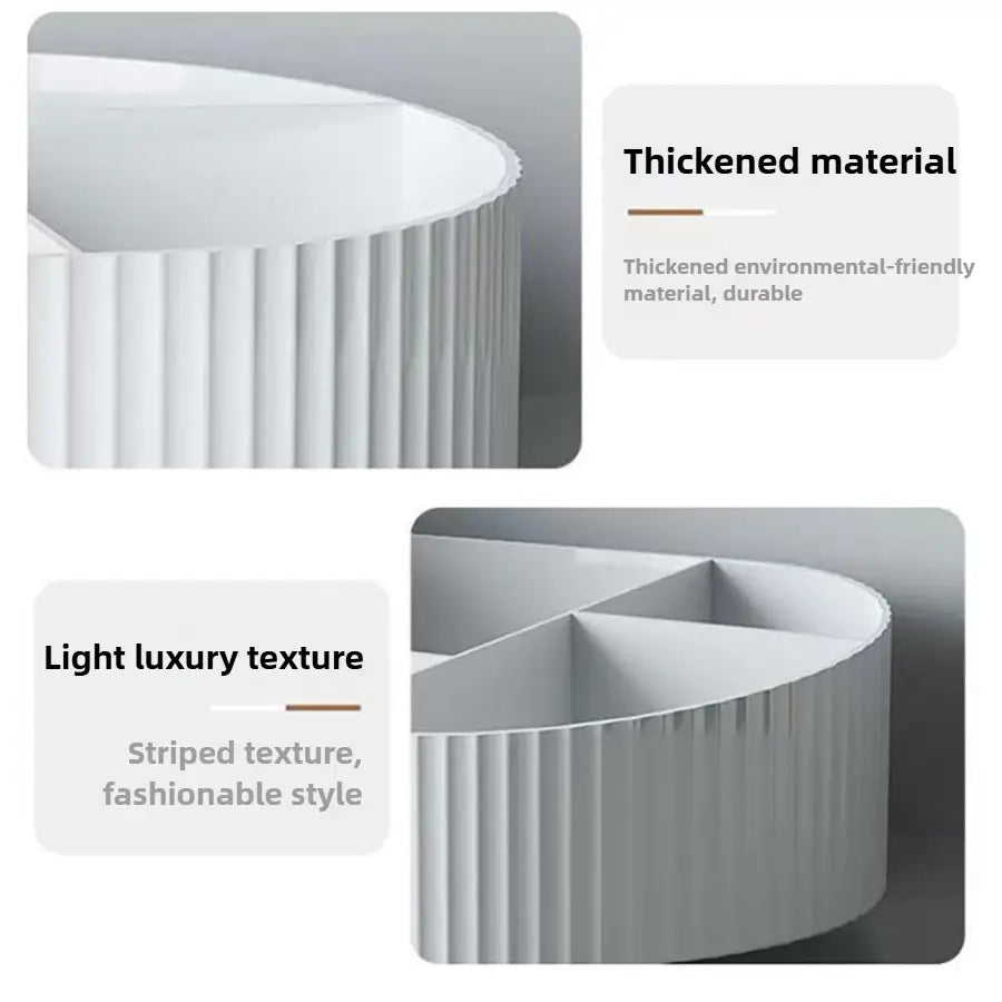 Drehbarer Make-up-Organizer, Kosmetik-Display-Gehäuse in Weiß, mit geripptem, gebogenem Design und einem gestreiften Muster aus verdicktem, umweltfreundlichem Material, das als moderne Stil-Aufbewahrungsbox dient.