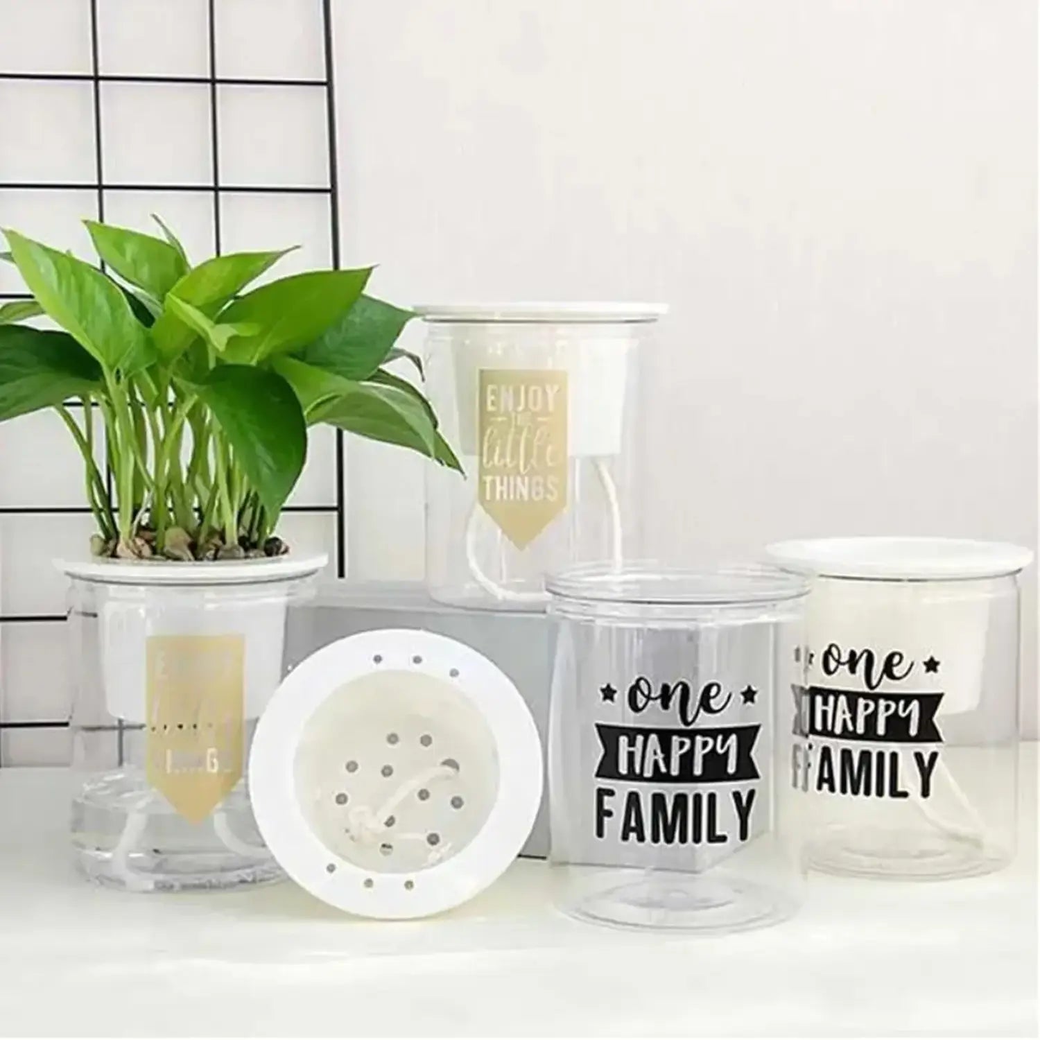 白いフタと、たとえば「one happy family」や「enjoy little things」などの装飾的な黒および金の印字モチベーションフレーズ付きの、クリアガラス製セルフウォーターリング・ミニプラスチック多肉植物ポット6個セット。