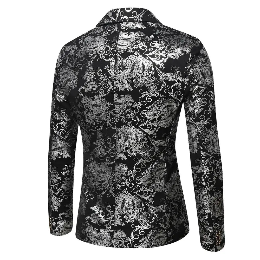 Einreihiges Slim-Fit-Sakko in Schwarz mit aufwendigen silbernen Paisley-Mustern, entworfen für elegantes Freizeit-Outfit.