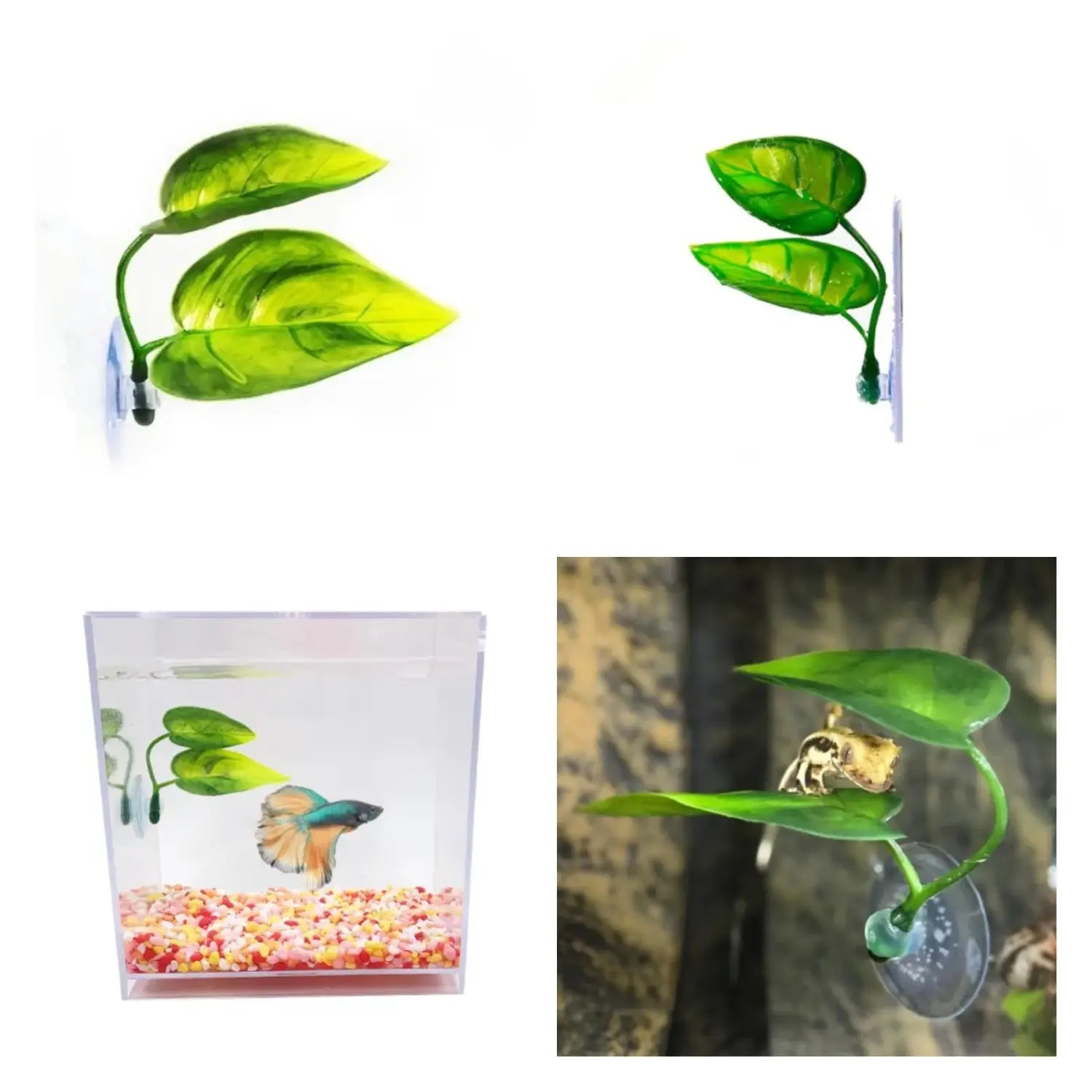 Betta fish leaf hammock artificial aquarium plant with green artificial leaves, curved stem, and suction cup base for aquarium decoration.