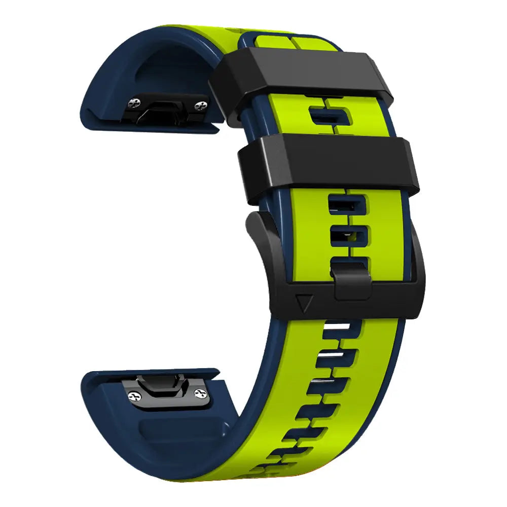Leuchtend limettengrünes und navyblaues Silikonarmband mit schwarzer Kunststoffschnalle, entwickelt für Garmin Fenix und Garmin Forerunner-Modelle.