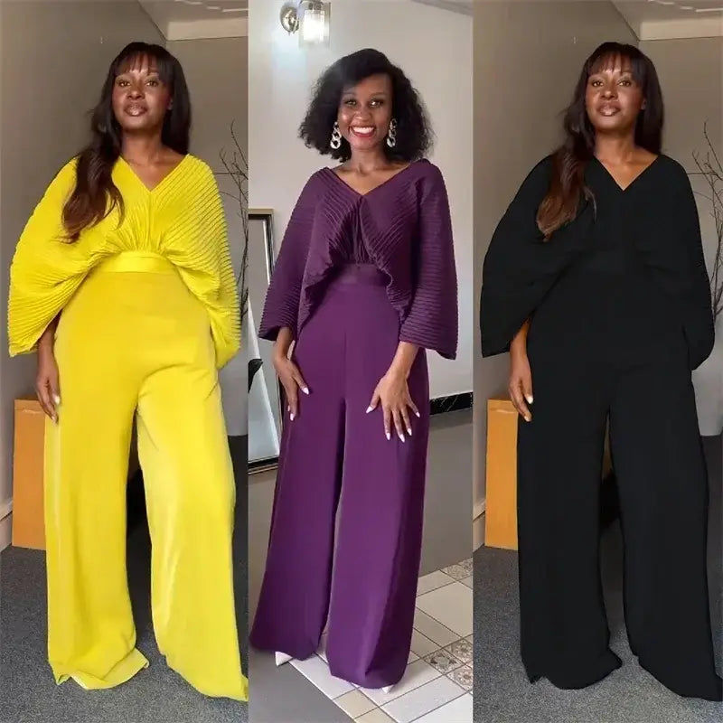 Vibrant yellow purple and black wide-leg jumpsuits with pleated bodices and satin two-piece set style featuring wide leg pants.