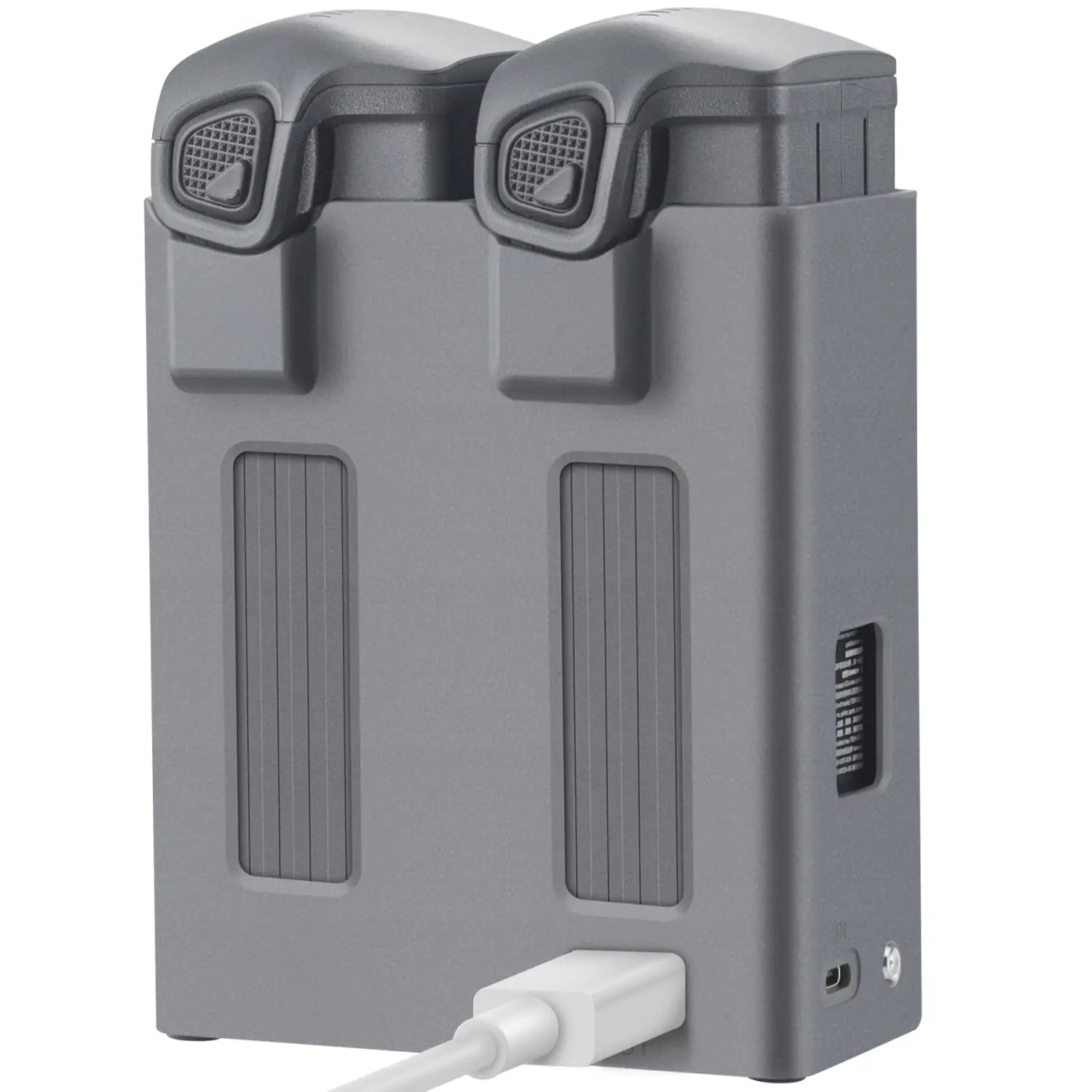 Gray dual-battery charger hub for DJI Mavic 4 Pro drones featuring a sleek plastic design with ventilation slots and a USB-C port shown from the back side.