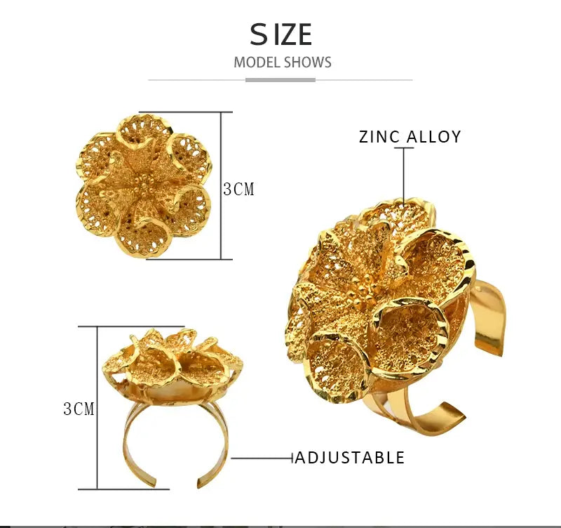 Gold plated 24k gold flower-shaped adjustable ring made of zinc alloy featuring intricate dubai jewelry design.