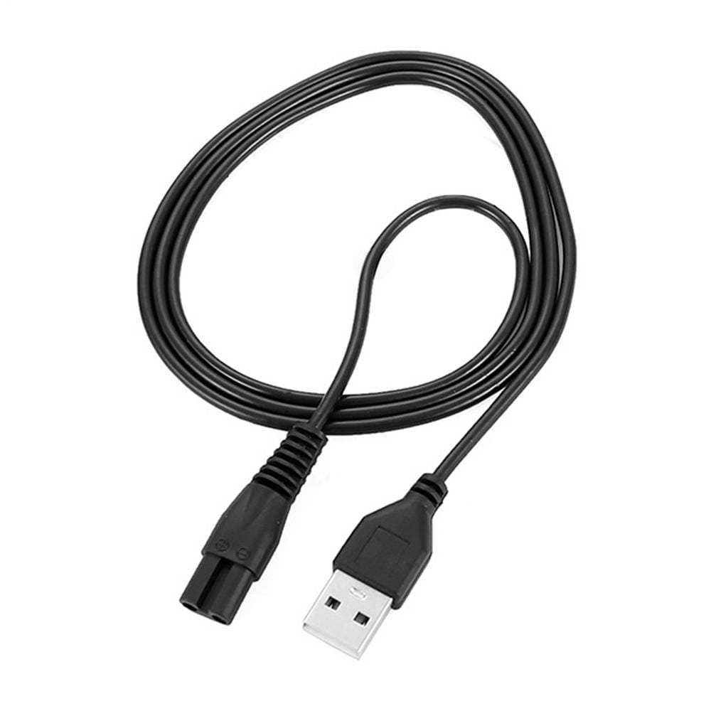 schwarzes USB-zu-Netzteil-Ladekabel (Wechselstrom) mit standardmäßigem USB-A-Anschluss und dreizackigem Stecker für die Verwendung als Ersatz zum Laden des Meridian-Elektrorasierers.