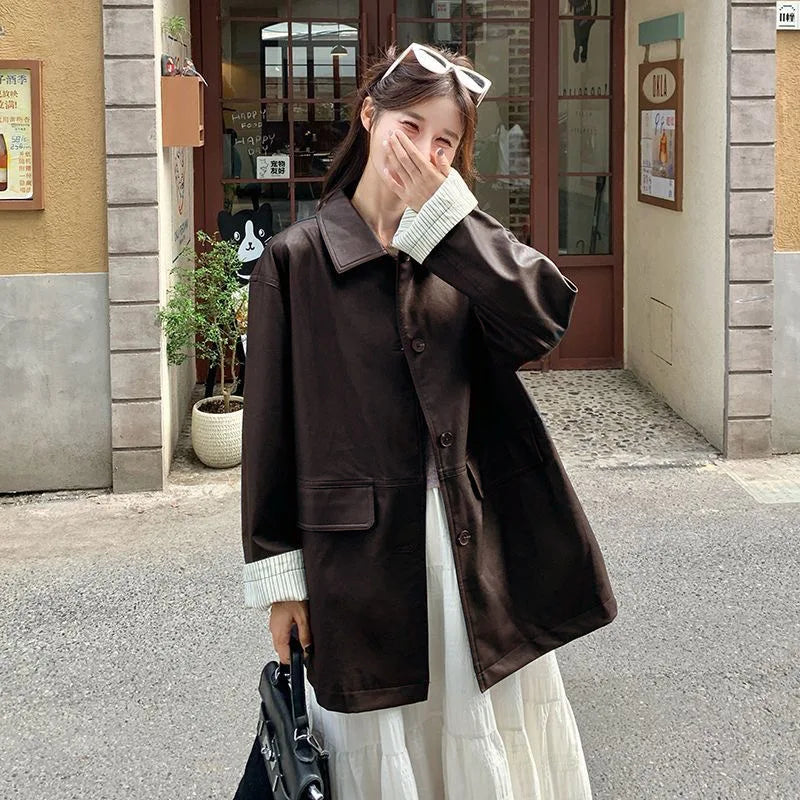 Women's Spring-Autumn New Style Leather Coat with Contrasting Sleeve Edges Loose Fit for Slimming Comfortable and Casual