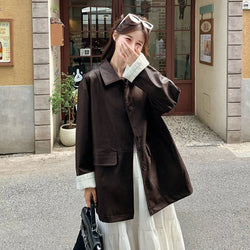 Women's Spring-Autumn New Style Leather Coat with Contrasting Sleeve Edges Loose Fit for Slimming Comfortable and Casual