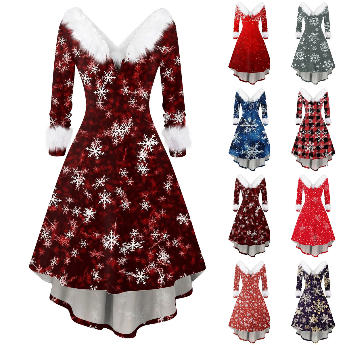 Women Winter Furry Plush Party Dress Female Long Sleeve Irregular A -line Dress Vestidos Fashion Spliced Christmas Dress Navidad