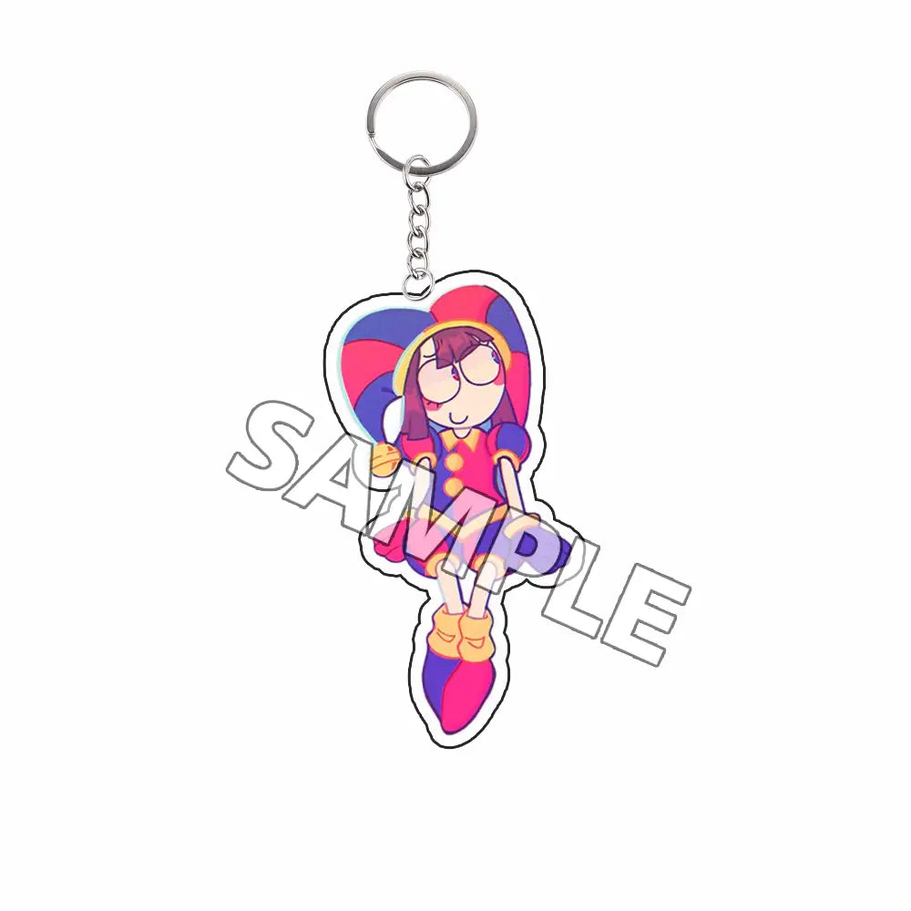 Llavero acrílico colorido que presenta un personaje caricaturesco con cabello morado, atuendo rojo y azul, y zapatos amarillos; forma parte de los productos terminados en la colección de llaveros acrílicos del personaje tipo Tadc.