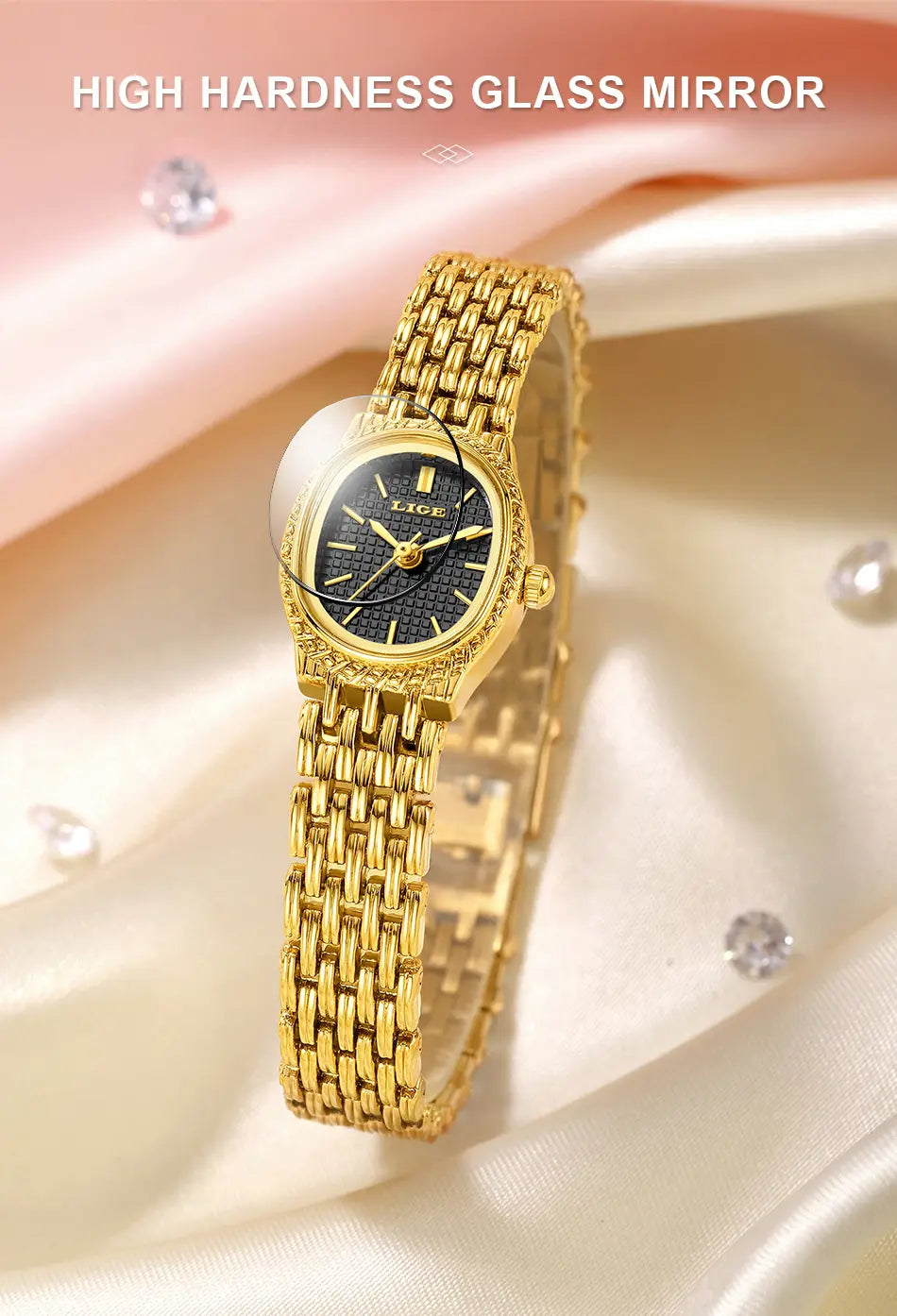 lige women gold quartz watch featuring a gold-toned mesh-link wristwatch with a black textured dial and gold hands displaying the brand name lide.