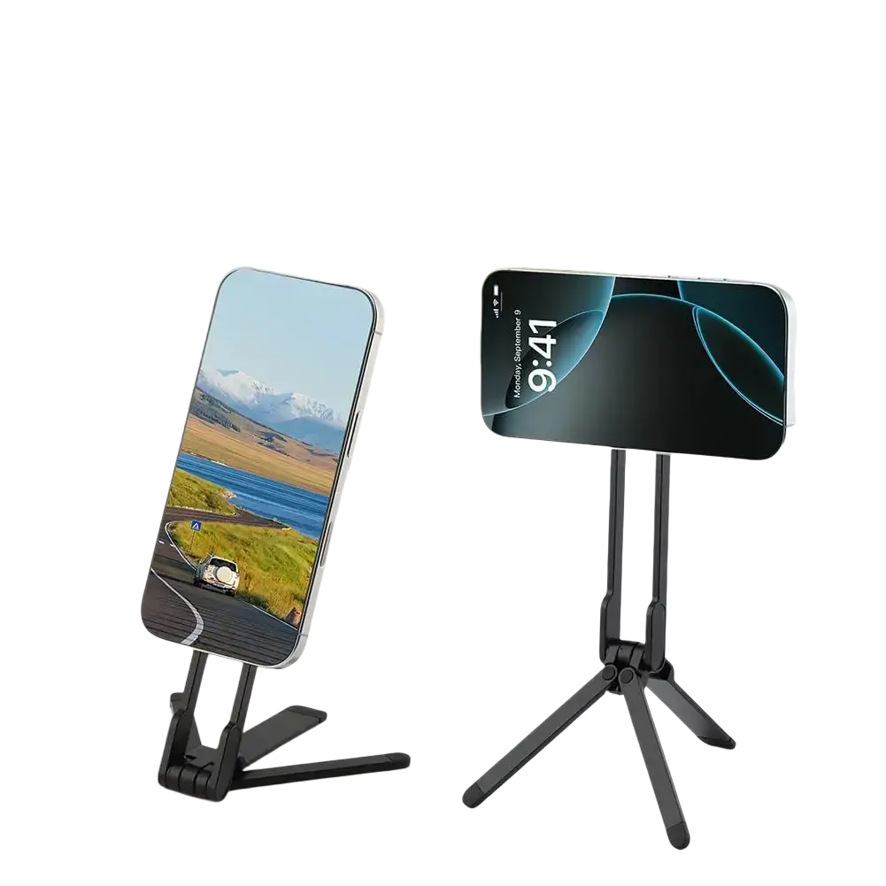 Black foldable phone stand with adjustable angles and tripod base shown from a front view with carabiner attachment