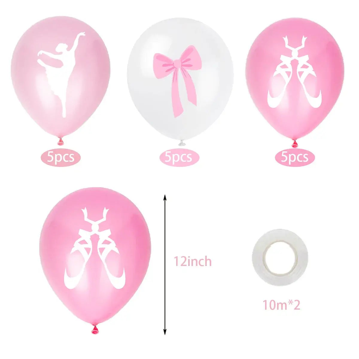 ensemble de bannière d’anniversaire de danse classique et de topper de gâteau, comprenant des ballons en latex roses et blancs, avec des motifs de danseuses, des nœuds et des chaussons de pointe.