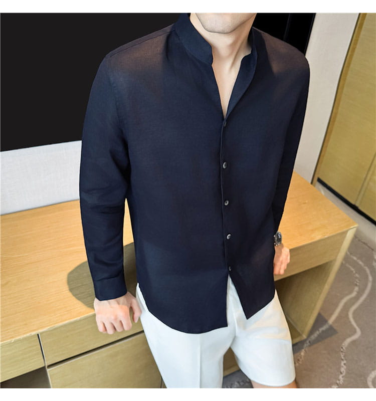 Men’s dark navy linen long-sleeved shirt with mandarin collar and button-up front.