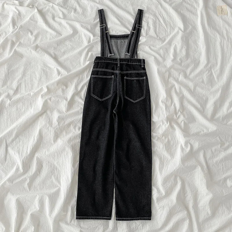 Women Casual Denim Overalls Spring Autumn Buttons Pockets High Waist Straight Jeans Korean Style Fashion Jumpsuit Pants