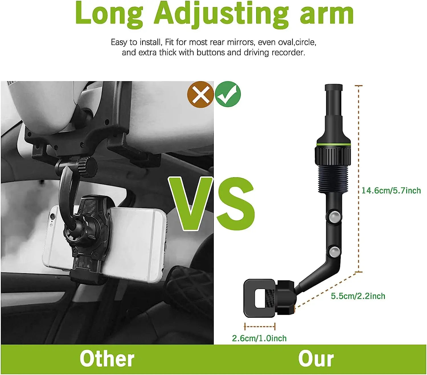 Black and green adjustable rearview mirror car phone holder with a long arm and 360 rotatable design for most rear mirrors.