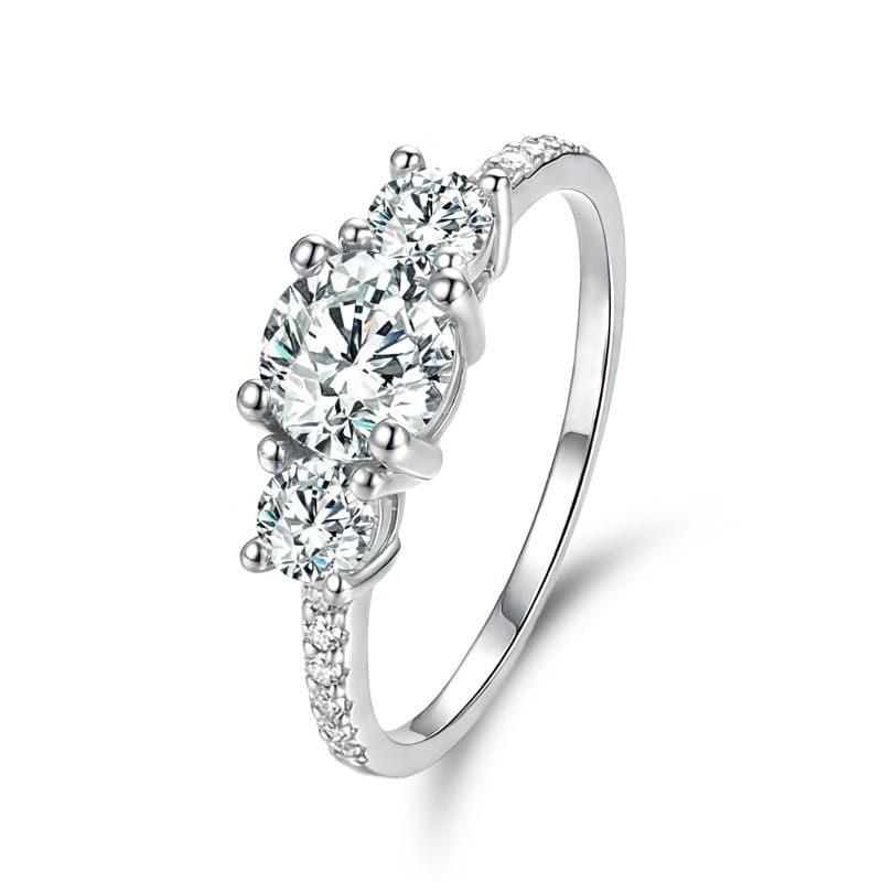 Sterling silver zircon ring for women featuring an elegant three-stone design with a central round-cut stone flanked by two smaller stones set in prong settings and pavé diamond accents along the band.