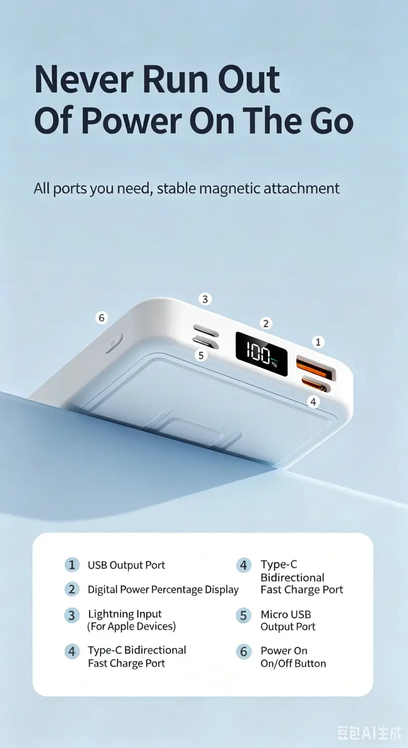 White rectangular magnetic power bank with multiple charging ports and digital display featuring fast charging support and phone stand functionality